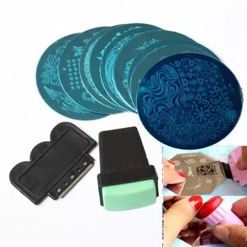 Пластины для дизайна ногтей, маникюрные инструменты, в том числе 10 пластин для ногтей из нержавеющей стали + 1 штамп + 1 скребок с произвольным узором 1 set