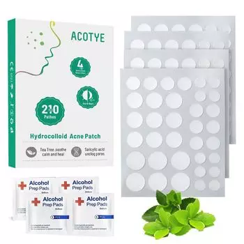 Пластыри от угрей ACOTYE Comedone, 210 шт. Пластыри от угрей с салициловой кислотой и чайным деревом, дневные, с маслом, кислотой и ночные…