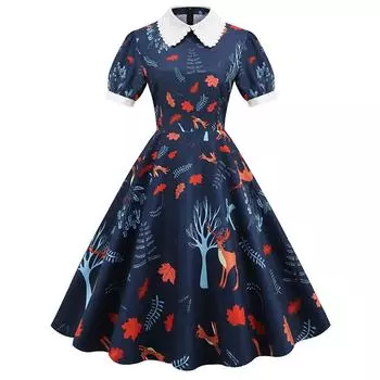 Платье 2022 года в стиле ретро Хепберн с рукавами-фонариками, принтованным кукольным воротником и узкой завышенной талией S