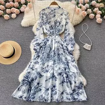 Платье 2022, новинка весны и лета, небольшой воротник-стойка с чернильным принтом, тонкая рубашка с длинными рукавами на шнуровке, модное длинное платье