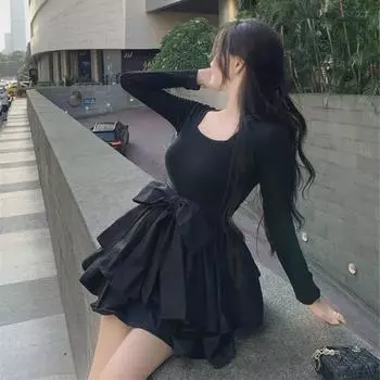 Платье 2024 года осень во французском стиле с квадратным вырезом, длинными рукавами, утягивающей талией и пышной юбкой L 115-125kg чёрный