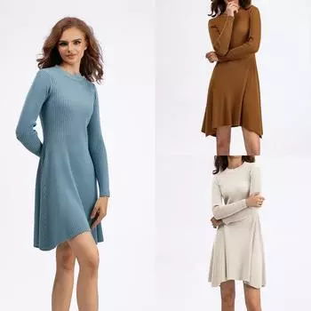 Платье 2024 года, осенне-зимняя новая женская одежда, трикотажное, с длинными рукавами, однотонное, облегающее, с юбкой-низом и модной юбкой А-образного силуэта внутри average size светло-синий