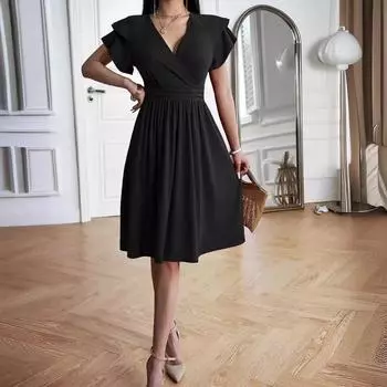 Платье 2025 летний темперамент элегантный V-образный вырез среднее и длинное платье S бордовый