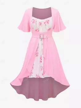 Платье 2 в 1 Rosegal размера плюс с кружевной отделкой, рюшами и цветочным принтом, цветочной пряжкой и развевающимися рукавами, высокое низкое 3XL светло-розовый