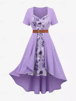 Платье 2 в 1 Rosegal размера плюс с кружевной отделкой, рюшами и цветочным принтом, в стиле пэчворк, с пряжкой в виде луны и поясом, высокое низкое XL фиолетовый