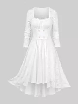 Платье 2 в 1 Rosegal размера плюс с рюшами и кружевной отделкой, с текстурированным сердцем и пуговицами из искусственного жемчуга, высокое низкое 3XL белый