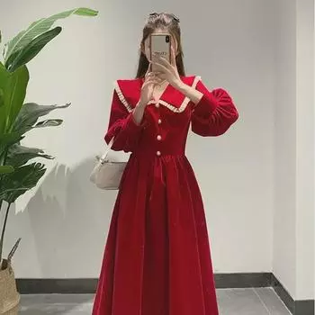 Платье А-силуэта из красного бархата в стиле Хепберн с воротником-стойкой, длинными рукавами, облегающего кроя на весну/осень XL красный