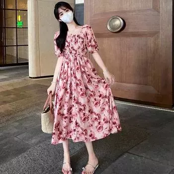 Платье А-силуэта с французским летним цветочным принтом - женское, с короткими рукавами, средней длины, с чернильным принтом и талией в виде цветущей розы M