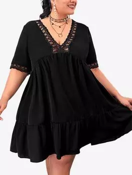 Платье А-силуэта с глубоким вырезом и кружевной вставкой Rosegal размера плюс L чёрный