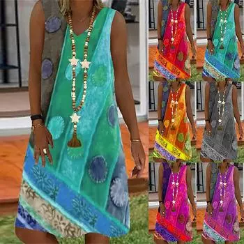 Платье А-силуэта с принтом и V-образным вырезом, без рукавов, свободное, цельное платье XXXXL серый