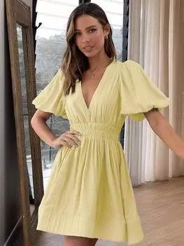 Платье А-силуэта с V-образным вырезом и рукавами-пузырями, с поясом на талии, пастельно-желтого цвета S светло-желтого