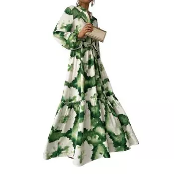 Платье А-силуэта с V-образным вырезом, элегантное макси-платье с рукавами-фонариками, художественный принт для выпускных вечеринок, коктейльных вечеринок, женское платье XL зелёный