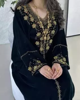 Платье Абая Бархатное Фараша Кафтан Дубай Новый Исламский Марокканский Стильный XS чёрный