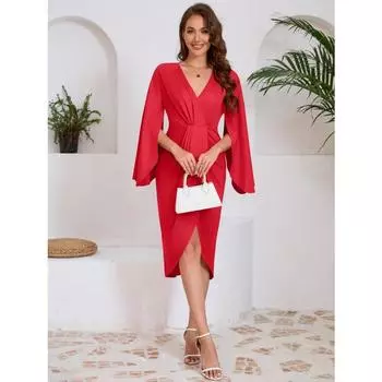 Платье Advanced Sense с V-образным вырезом выше колена и длинными рукавами. Платье с нерегулярной складкой на талии. S чёрный