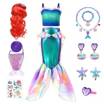 Платье Ариэль Детский костюм для косплея Русалочки Парик русалки Сумка ожерелье Комплект Платье принцессы Детский костюм русалки Детский костюм на Хэллоуин Косплей