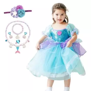 Платье Ариэль, платье принцессы, повязка для волос, аксессуар, комплект из 3 предметов, детский костюм, синий, зеленый, для девочек 110-110 см [MANAMANA] Детский [Товар]