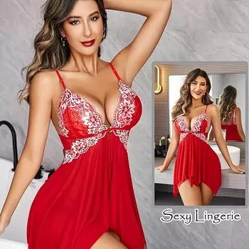 Платье-бэбидолл для женщин больших размеров с цветочной вышивкой - экзотическое нижнее белье с разрезом асимметричного подола, стринги и изящные детали XL светло-зеленый