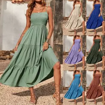 Платье без бретелек для женщин, однотонное летнее пляжное платье в стиле бохо с копченым топом и бретелями, свободное платье L кофейный