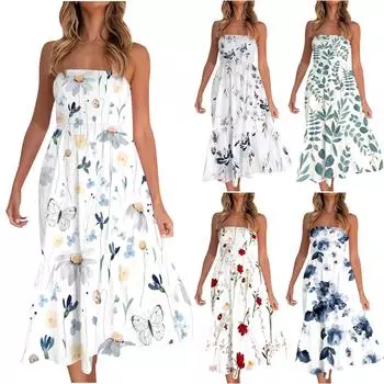 Платье без бретелек для женщин с принтом, летнее пляжное длинное платье с копченым топом в стиле бохо
