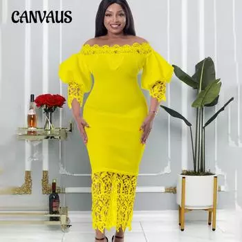 Платье без бретелек на одно плечо с запахом бедра, кружевное платье с рукавами-фонариками, большие размеры для женщин