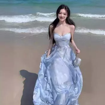 Платье без бретелек на подтяжках, длинная юбка французской принцессы S