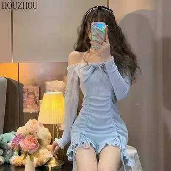 Платье без бретелек с бантом. Весеннее французское милое платье с висячим воротником и длинными рукавами на шнуровке «рыбий хвост». S чёрный