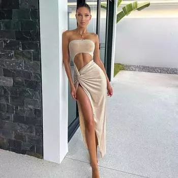Платье без бретелек с открытыми плечами, сексуальное, элегантное, с открытой спиной, облегающее, летнее, повседневное, женское, с закрученным разрезом, с высокой талией, вечернее платье 25774 S абрикосовый