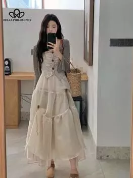 Платье без бретелек во французском стиле, женское летнее сетчатое платье, элегантное длинное платье феи, повседневное женское праздничное платье S