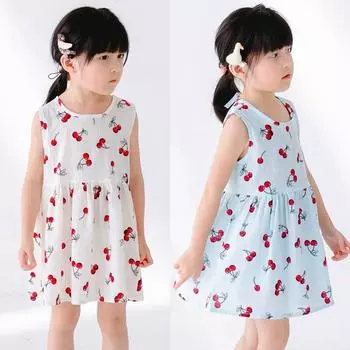 Платье без рукавов для девочек, летнее тонкое платье-жилет с вишневым принтом, детское платье 90 розовый