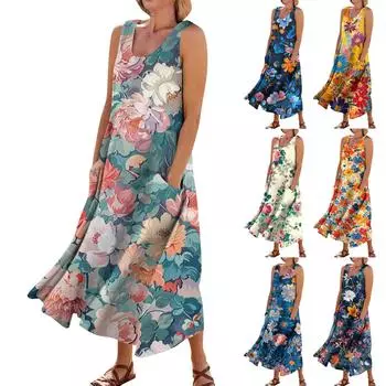 Платье без рукавов для женщин. Женское летнее повседневное модное платье без рукавов с круглым вырезом и карманом с принтом. L синий