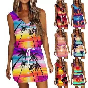 Платье без рукавов для женщин. Женское летнее повседневное платье с гавайским принтом. Платье без рукавов с карманами. L синий