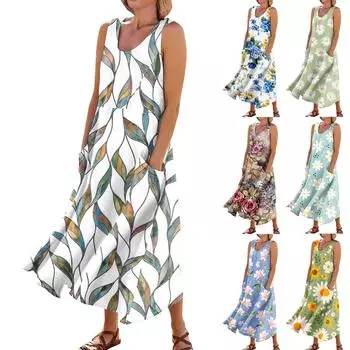 Платье без рукавов для женщин. Женское летнее повседневное модное платье без рукавов с круглым вырезом и карманом с принтом. L синий