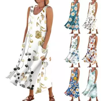 Платье без рукавов для женщин. Женское летнее повседневное модное платье без рукавов с круглым вырезом и карманом с принтом. L синий