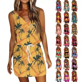 Платье без рукавов для женщин. Женское летнее повседневное платье с гавайским принтом. Платье без рукавов с карманами. L