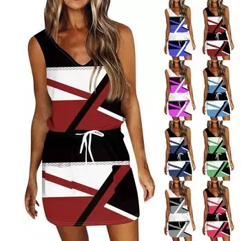 Платье без рукавов для женщин. Женское летнее повседневное платье с принтом. Платье без рукавов с карманами. L синий