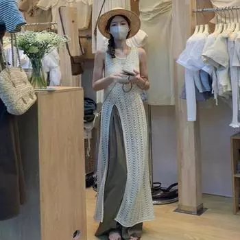 Платье без рукавов Hallow, летнее женское трикотажное пляжное платье с круглым вырезом и высоким разрезом коричневый