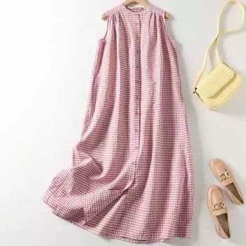 Платье без рукавов из хлопка и льна в клетку с полностью расстегнутыми пуговицами, свободный жилет А-силуэта для женщин, летние платья M