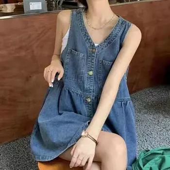 Платье без рукавов на бретельках, женские летние однобортные платья с карманами, женское свободное мини-платье трапециевидной формы в корейском стиле XS