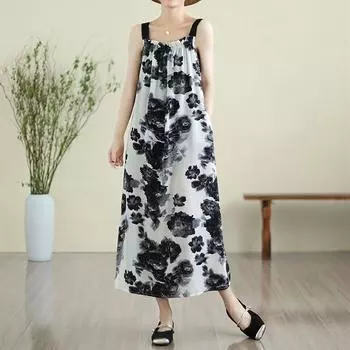 Платье без рукавов на бретельках больших размеров, шифоновое винтажное новое платье с цветочным принтом для женщин, повседневное свободное длинное летнее платье чёрный