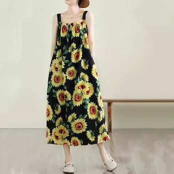 Платье без рукавов на бретельках больших размеров, шифоновое винтажное новое платье с цветочным принтом для женщин, повседневное свободное длинное летнее платье чёрный