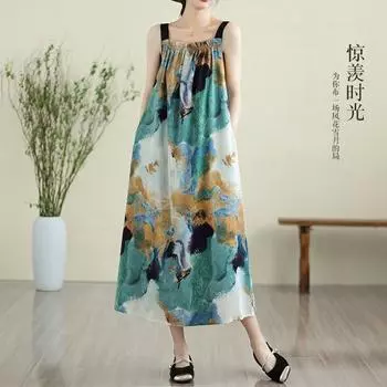 Платье без рукавов на бретельках больших размеров, шифоновое винтажное новое платье с цветочным принтом для женщин, повседневное свободное длинное летнее платье