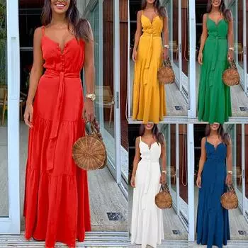 Платье без рукавов на тонких бретельках, длинное платье BOHO Maxi Dress Женское платье-сарафан S синий