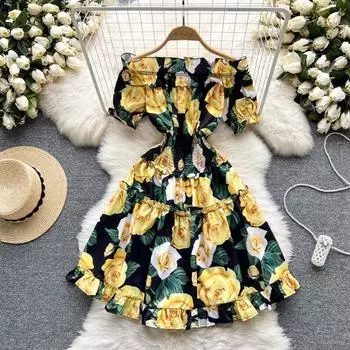 Платье без рукавов RUGOD в стиле ретро, лето 2022, новое облегающее, тонкое и милое платье с темпераментным принтом S жёлтый
