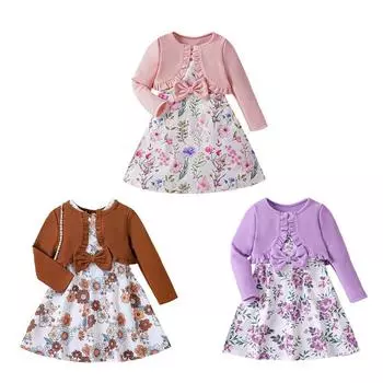 Платье без рукавов с цветочным принтом для девочек 1–6 лет и вязаный кардигановый верхний костюм 110