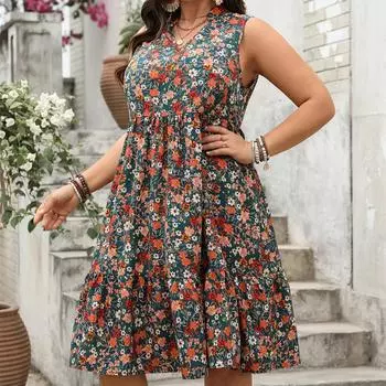 Платье без рукавов с цветочным принтом и V-образным вырезом больших размеров для женщин, летнее праздничное, в стиле бохо, свободное платье миди с оборками на подоле 1XL разноцветный