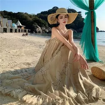 Платье без рукавов с цветочным принтом и отделкой из листьев лотоса, длинное платье для отпуска S хаки