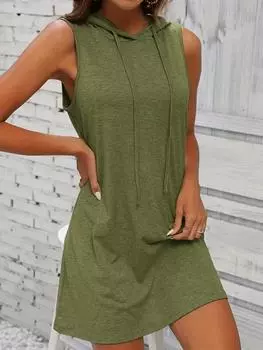 Платье без рукавов с капюшоном и завязками, повседневное платье для весны и лета, женская одежда S чёрный