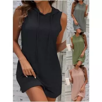 Платье без рукавов с капюшоном и завязками, повседневное платье на весну и лето, женская одежда S чёрный