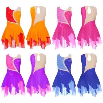 Платье без рукавов с круглым вырезом в стиле пэчворк, блестящее платье со стразами для катания на коньках, танцевальный костюм 5-6 Years оранжевый