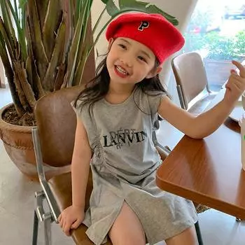 Платье без рукавов с круглым вырезом для девочек, летнее прохладное пляжное платье с буквенным принтом 11 серый